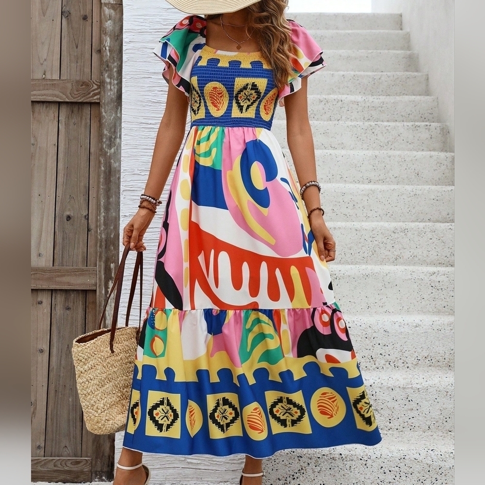 Women's Geometric Print V Neck Ruffle Short Sleeve Dress - Picture 6 of 6